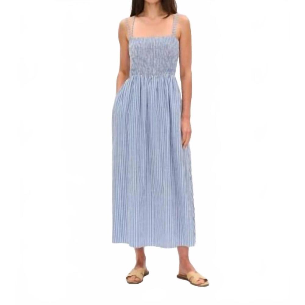 NEW SIX/FIFTY ebony striped poplin smocked dress in blue